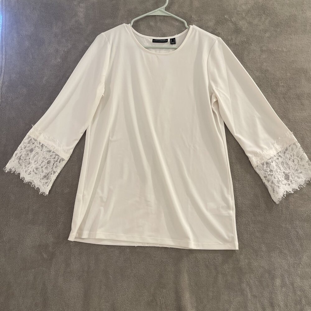 Susan Graver Occasions Liquid Knit Tunic with Lace Details Ivory‎ Women’s Sz S